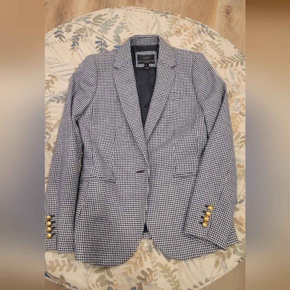J.Crew Houndstooth Single-Button Blazer Wool- Blue & White